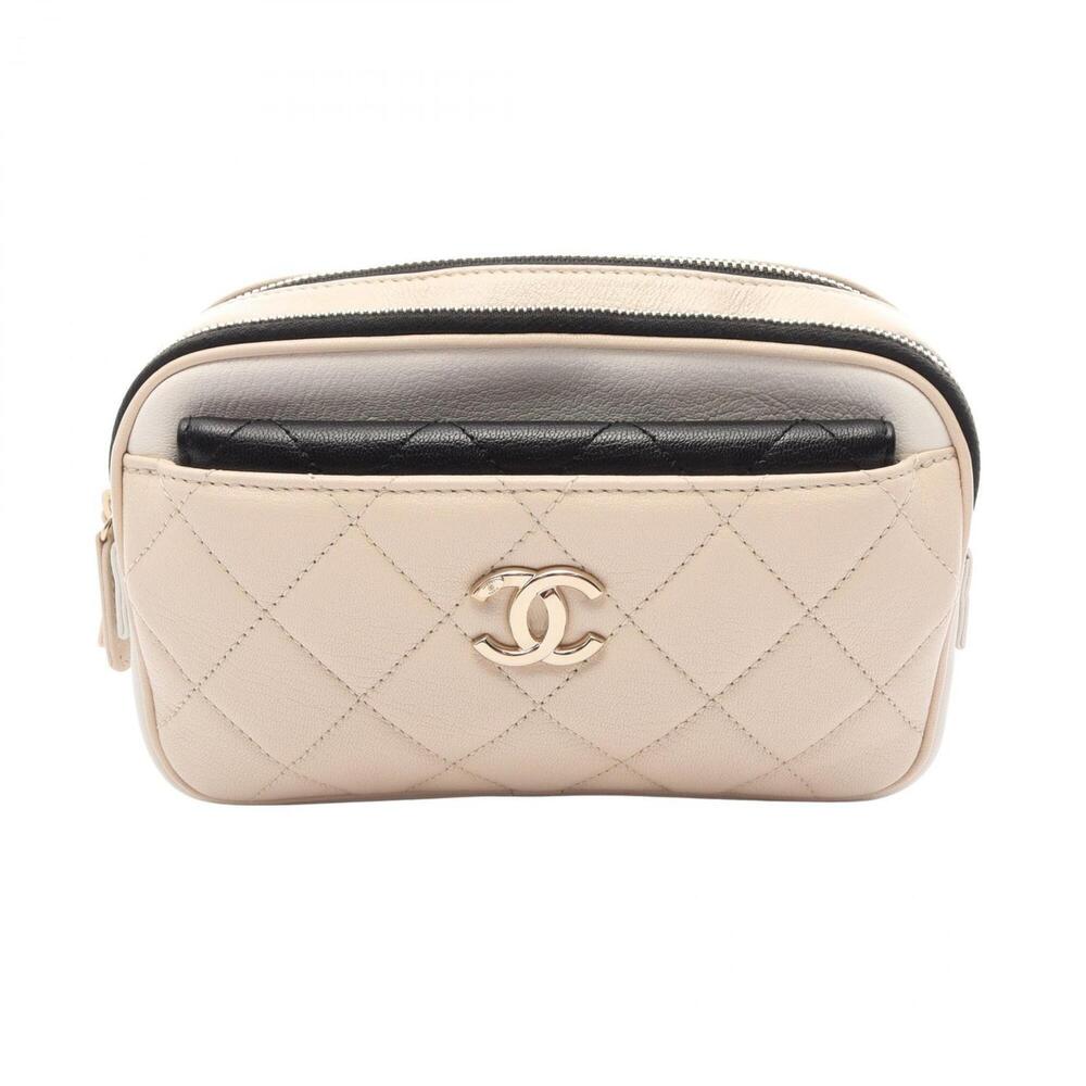 Chanel Matelassé Waist Bag/Handbag, Leather, Women's, Beige, White, Black